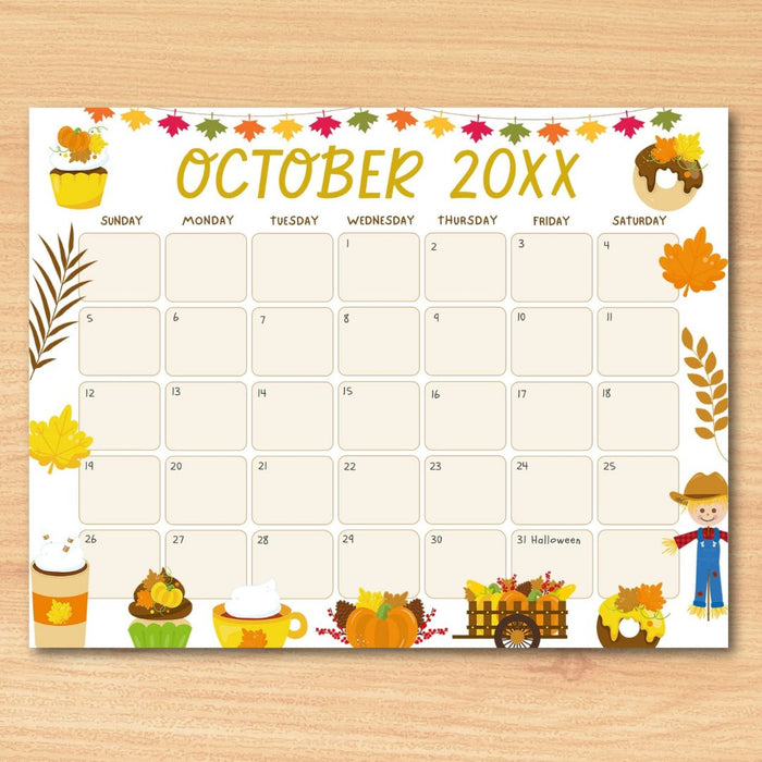 DIY Cute Autumn Harvest October Calendar Template