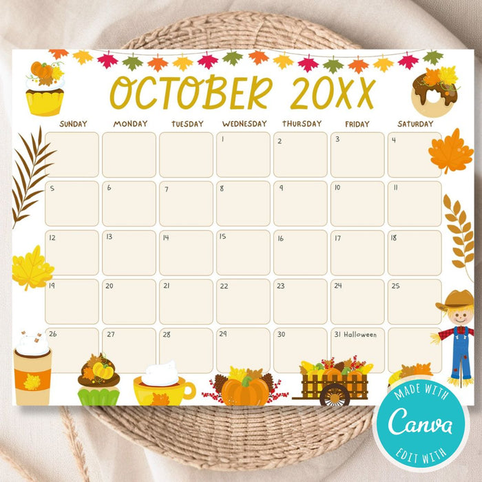 DIY Cute Autumn Harvest October Calendar Template