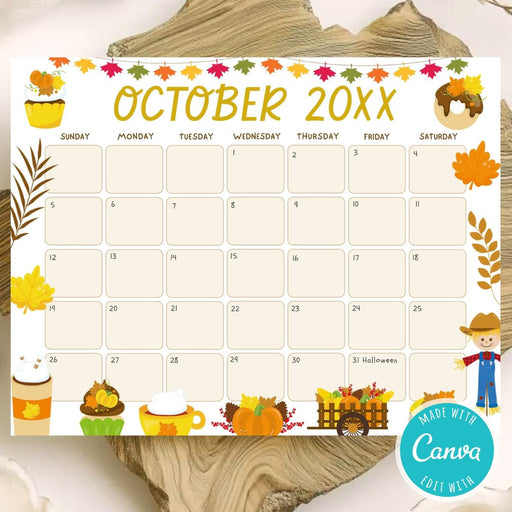 DIY Cute Autumn Harvest October Calendar Template