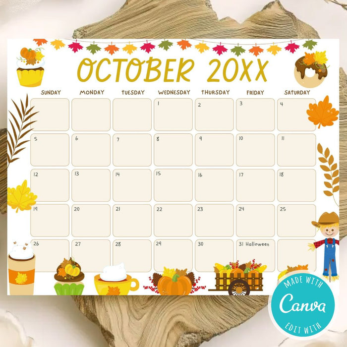 DIY Cute Autumn Harvest October Calendar Template