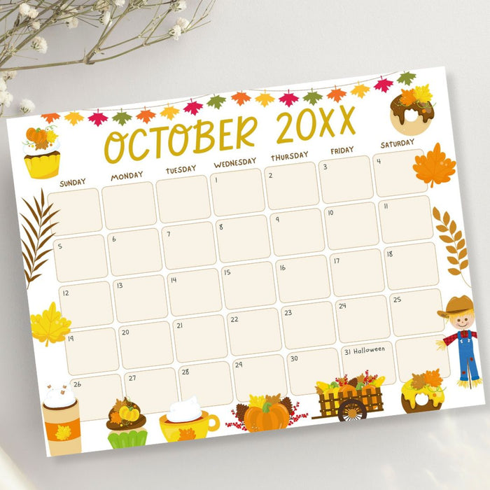 DIY Cute Autumn Harvest October Calendar Template