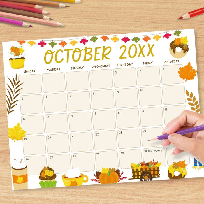 DIY Cute Autumn Harvest October Calendar Template