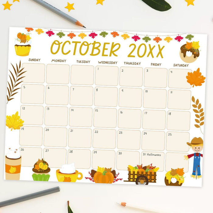 DIY Cute Autumn Harvest October Calendar Template