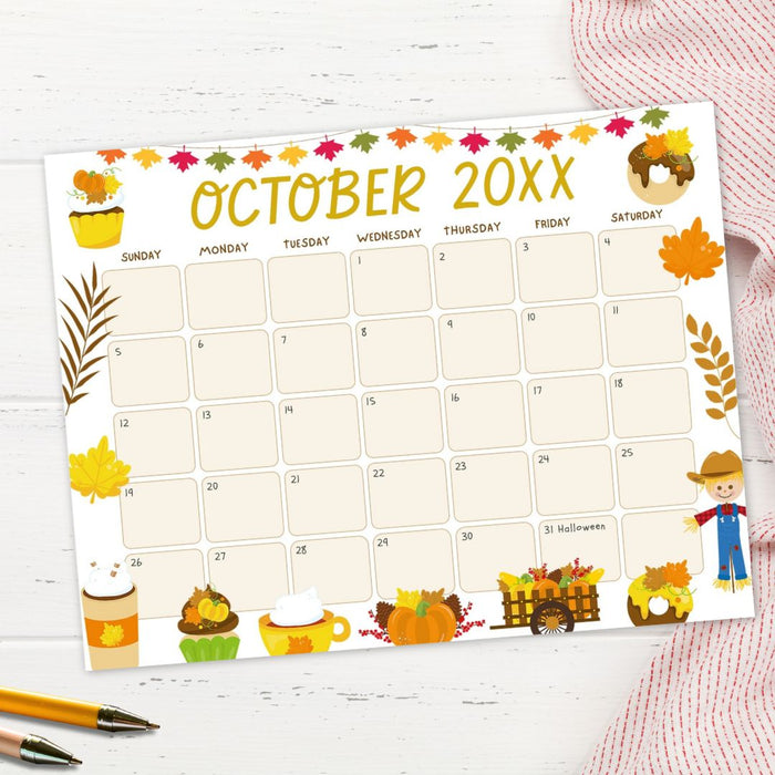 DIY Cute Autumn Harvest October Calendar Template