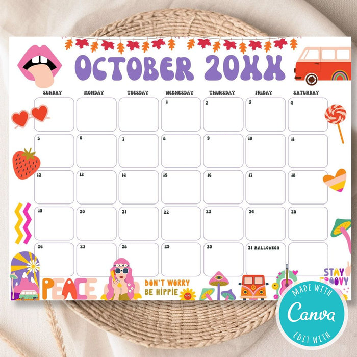 DIY Groovy Retro October Vintage Calendar Printable