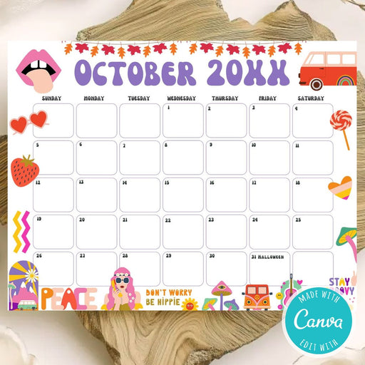 DIY Groovy Retro October Vintage Calendar Printable