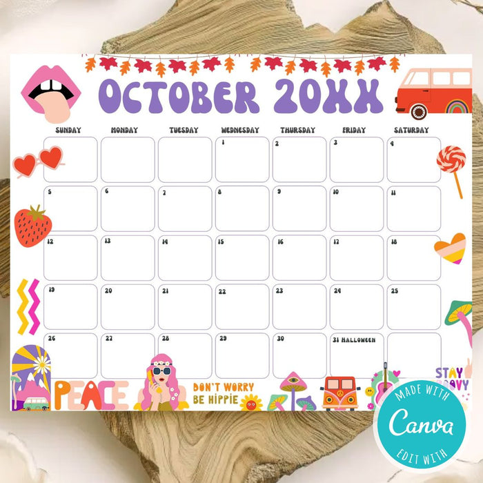 DIY Groovy Retro October Vintage Calendar Printable