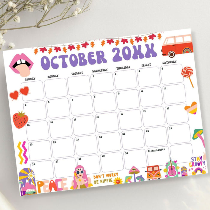 DIY Groovy Retro October Vintage Calendar Printable
