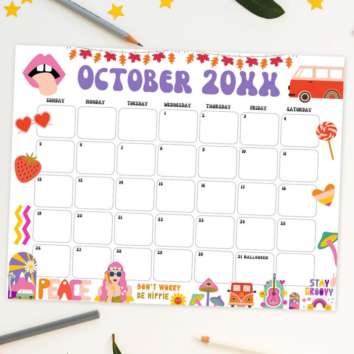 DIY Groovy Retro October Vintage Calendar Printable