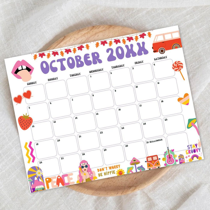 DIY Groovy Retro October Vintage Calendar Printable