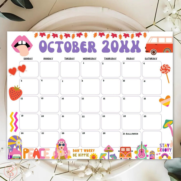 DIY Groovy Retro October Vintage Calendar Printable