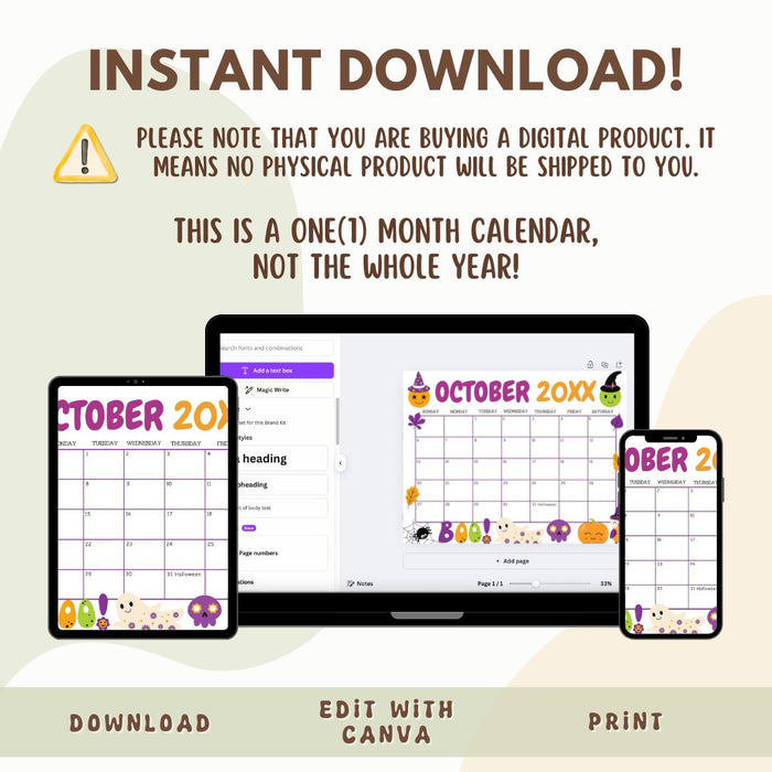 DIY October Cute Halloween Calendar Template