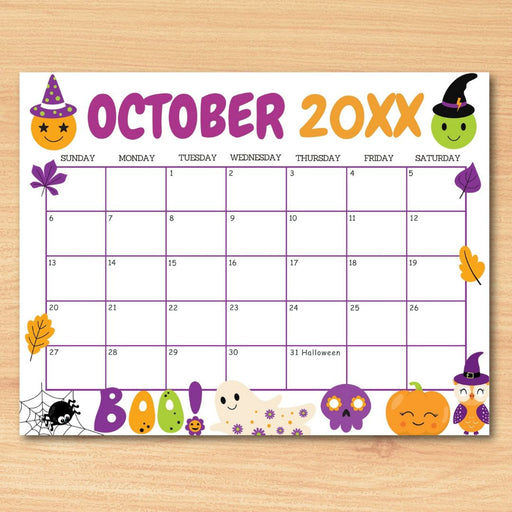DIY October Cute Halloween Calendar Template