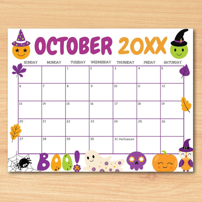 DIY October Cute Halloween Calendar Template