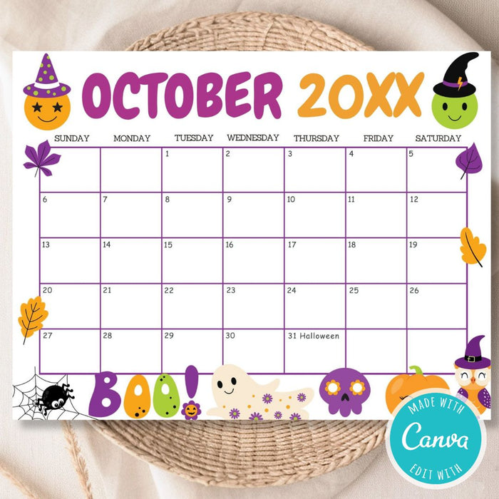 DIY October Cute Halloween Calendar Template