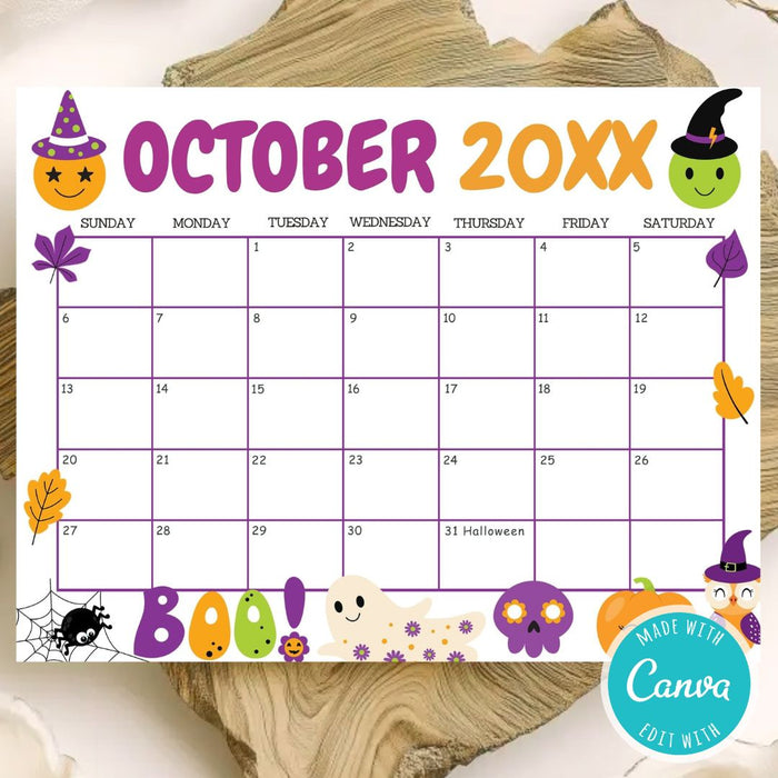 DIY October Cute Halloween Calendar Template