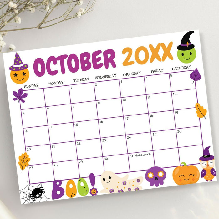 DIY October Cute Halloween Calendar Template