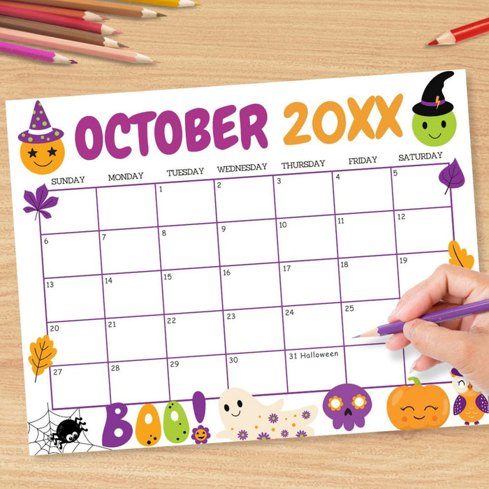 DIY October Cute Halloween Calendar Template