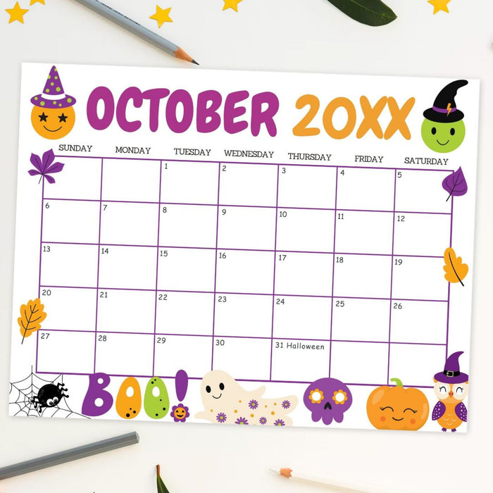 DIY October Cute Halloween Calendar Template