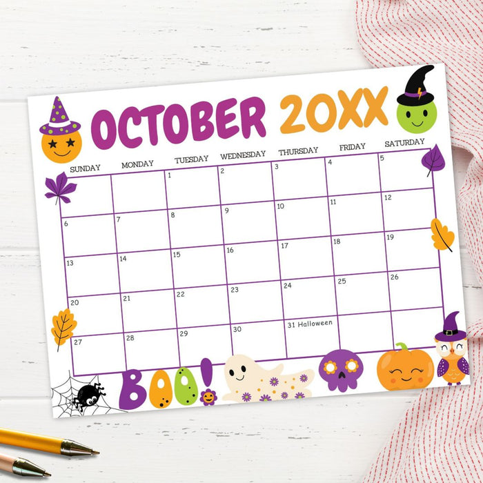 DIY October Cute Halloween Calendar Template