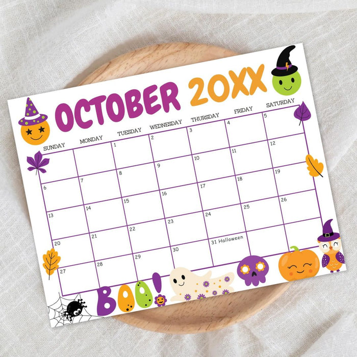 DIY October Cute Halloween Calendar Template