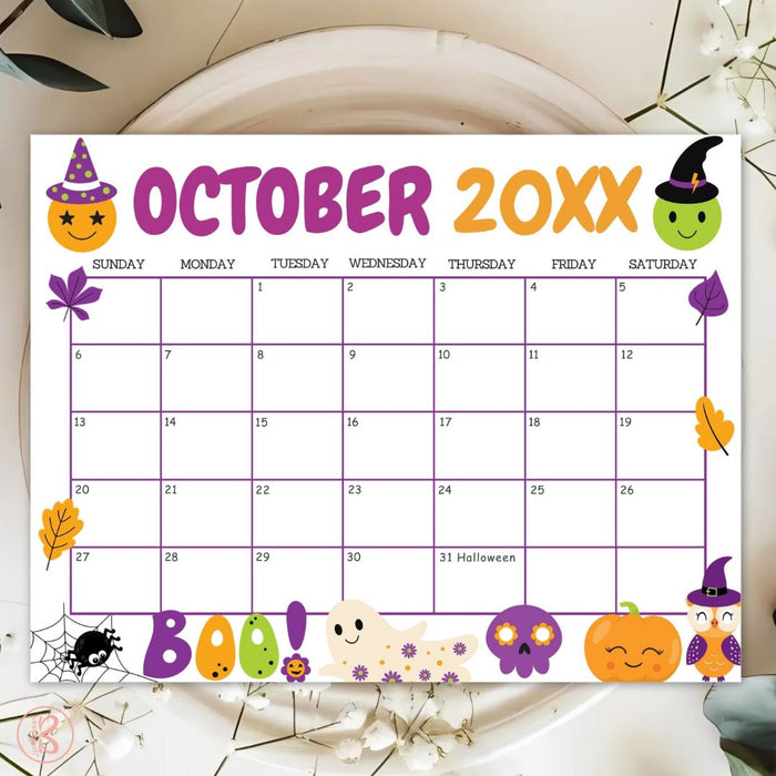 DIY October Cute Halloween Calendar Template