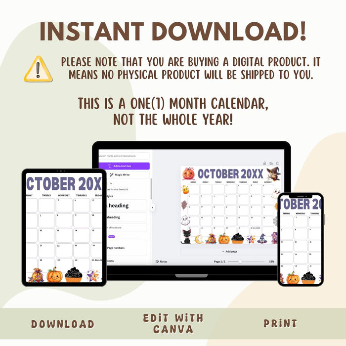 DIY Whimsical October Halloween Calendar Template