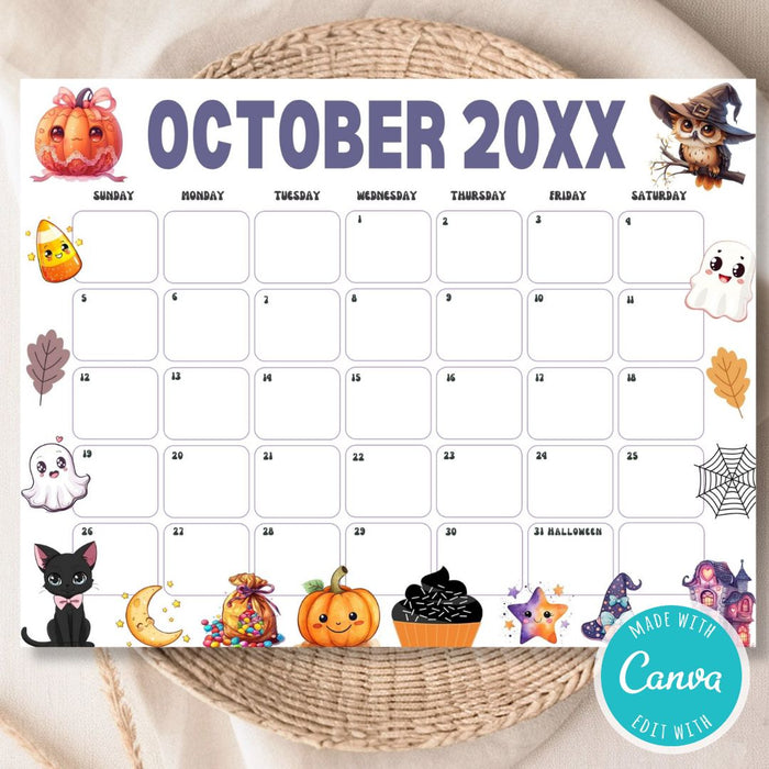 DIY Whimsical October Halloween Calendar Template