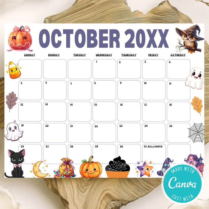 DIY Whimsical October Halloween Calendar Template