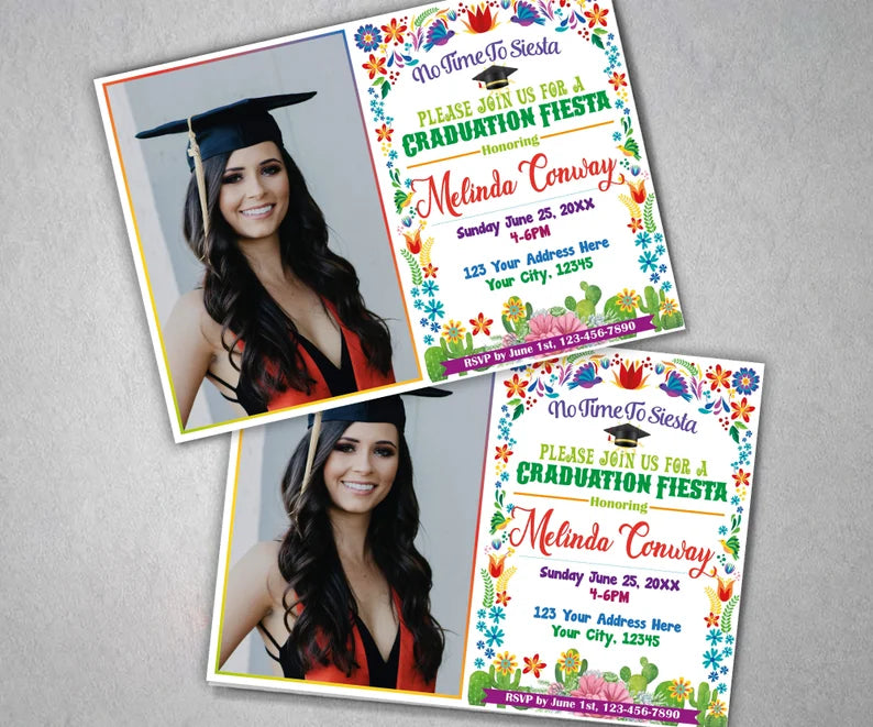 DIY Fiesta Graduation Party Invitations with Photo Bundle | Black and White Floral Mexican Grad Invites Template