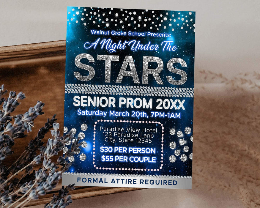 Customizable A Night Under The Stars Prom Invitation Flyer and Ticket Bundle Template | Starry Night School Dance Event