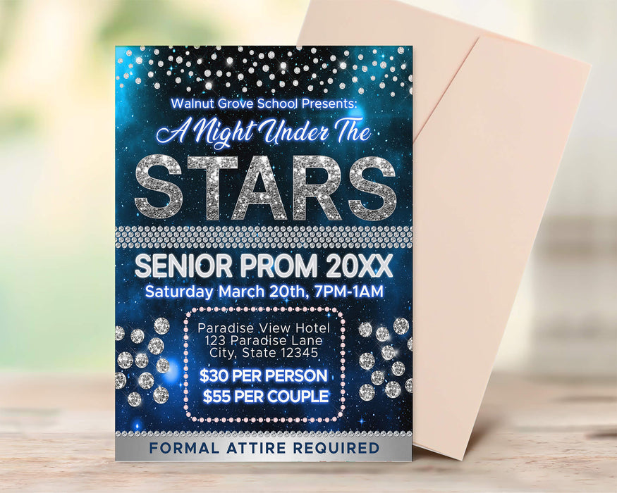 Customizable A Night Under The Stars Prom Invitation Flyer and Ticket Bundle Template | Starry Night School Dance Event