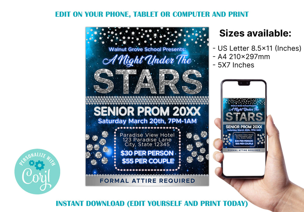 Customizable A Night Under The Stars Prom Invitation Flyer and Ticket Bundle Template | Starry Night School Dance Event