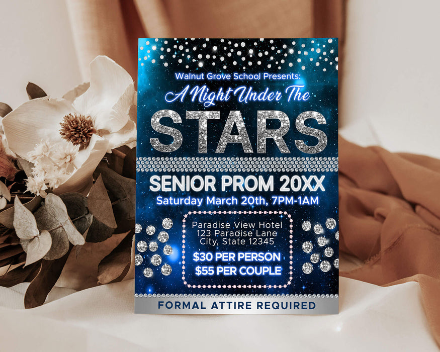 Customizable A Night Under The Stars Prom Invitation Flyer and Ticket Bundle Template | Starry Night School Dance Event