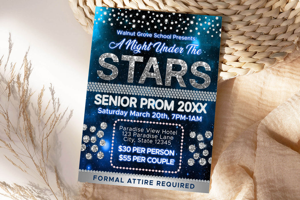 Customizable A Night Under The Stars Prom Invitation Flyer and Ticket Bundle Template | Starry Night School Dance Event