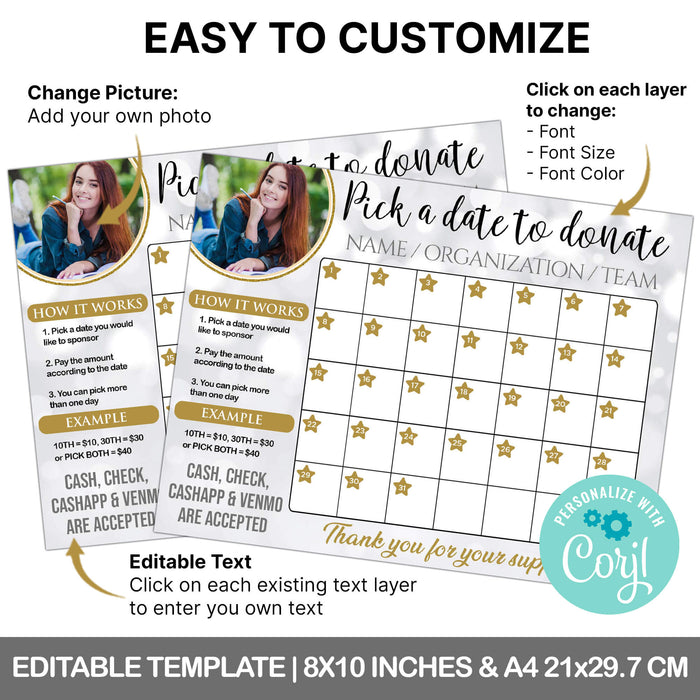 School Fundraiser Printable Donation Calendar