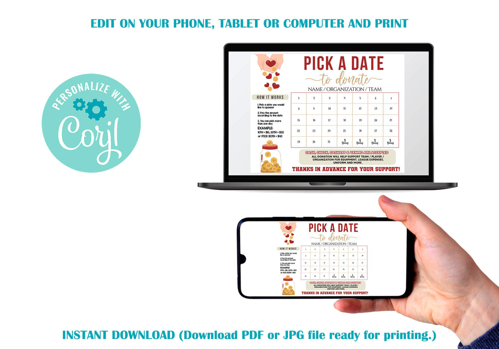 Printable Donation Fundraiser Calendar for Events