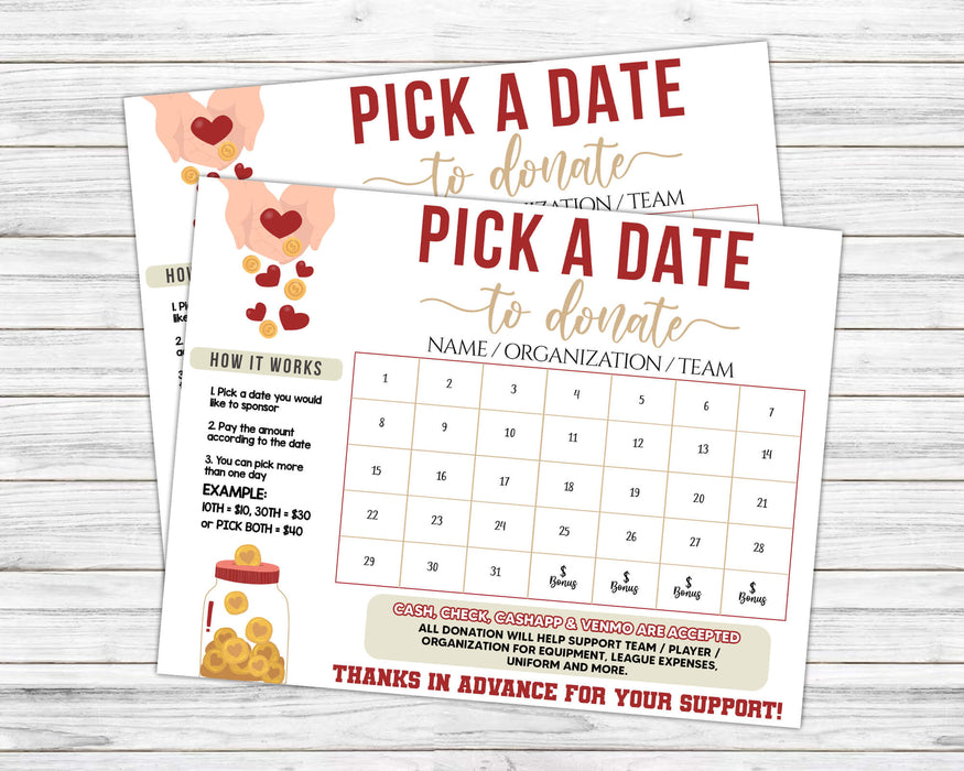 Printable Donation Fundraiser Calendar for Events