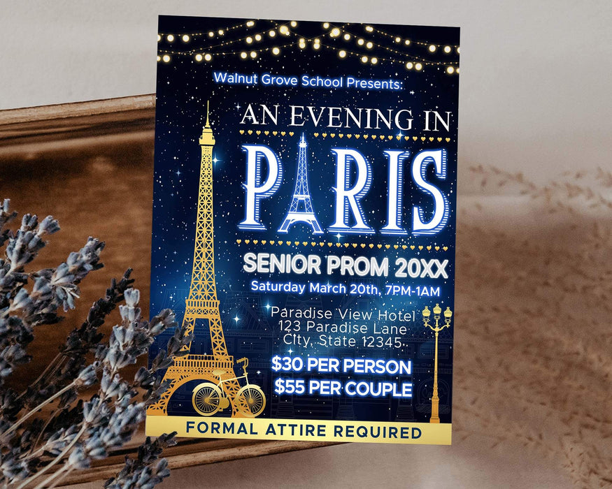 Customizable A Night in Paris Prom Ticket and Flyer Bundle Template | An Evening in Paris School Dance Event