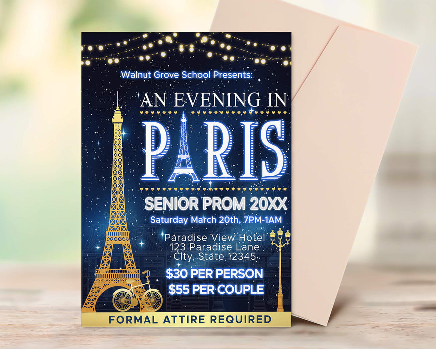 Customizable A Night in Paris Prom Ticket and Flyer Bundle Template | An Evening in Paris School Dance Event