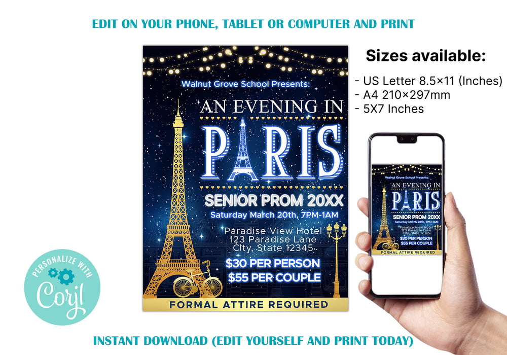 Customizable A Night in Paris Prom Ticket and Flyer Bundle Template | An Evening in Paris School Dance Event