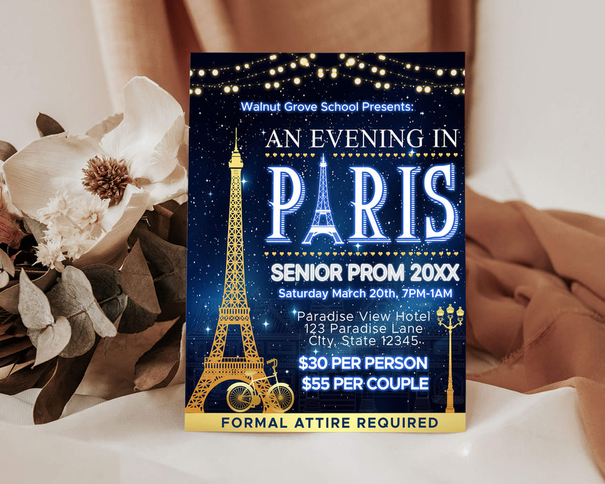 Customizable A Night in Paris Prom Ticket and Flyer Bundle Template | An Evening in Paris School Dance Event