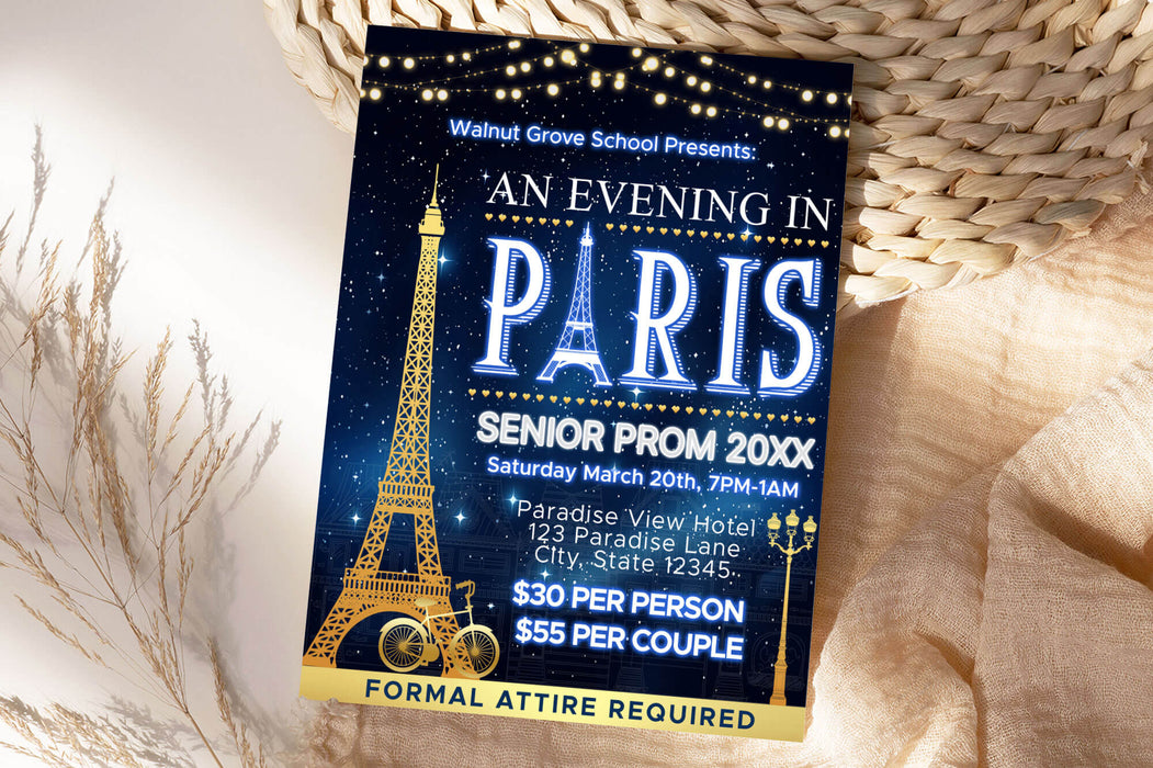 Customizable A Night in Paris Prom Ticket and Flyer Bundle Template | An Evening in Paris School Dance Event