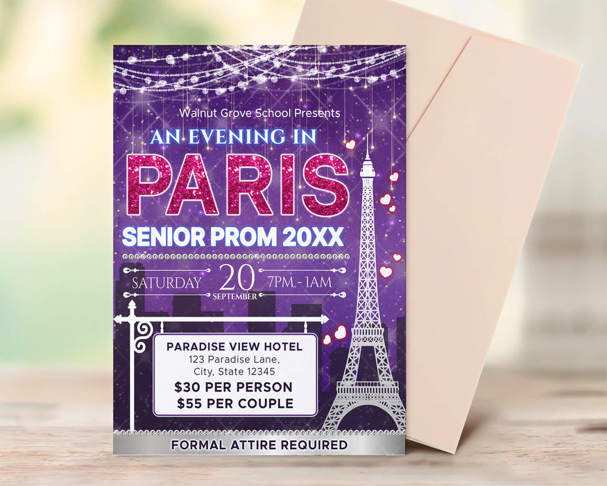 DIY An Evening in Paris Prom Ticket and Flyer Bundle | A Night in Paris School Dance Event Template