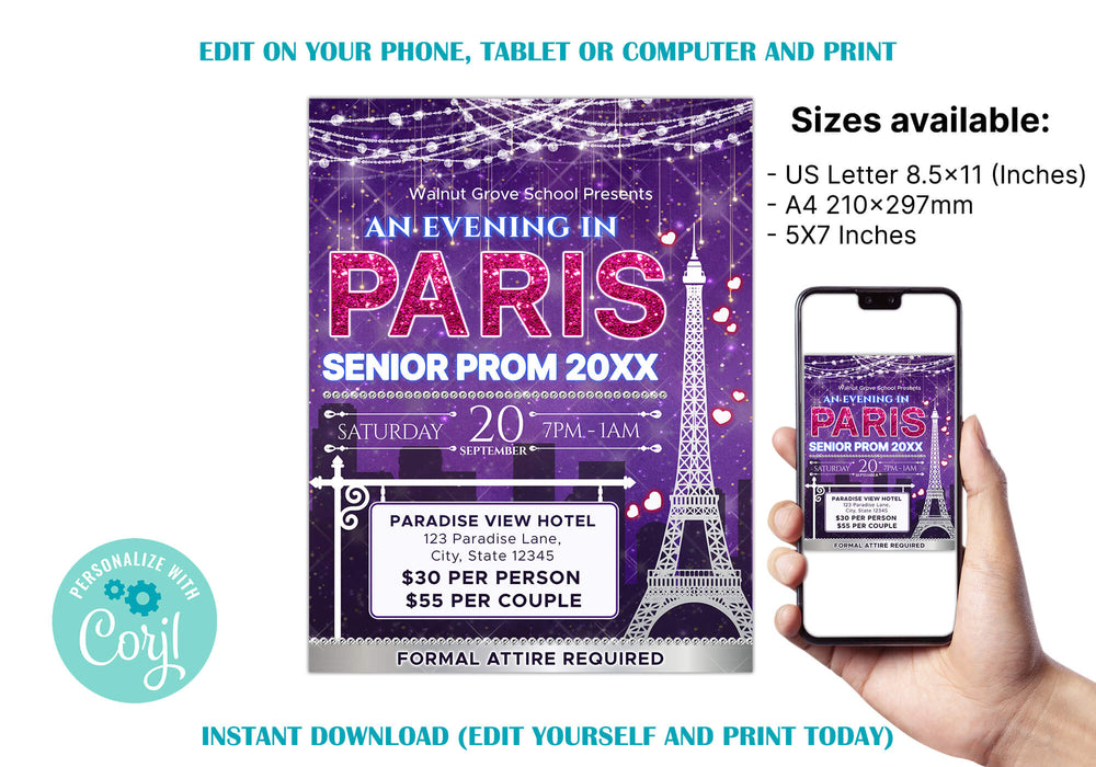 DIY An Evening in Paris Prom Ticket and Flyer Bundle | A Night in Paris School Dance Event Template