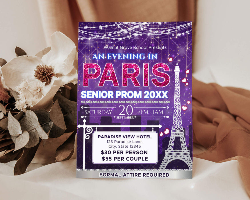 DIY An Evening in Paris Prom Ticket and Flyer Bundle | A Night in Paris School Dance Event Template