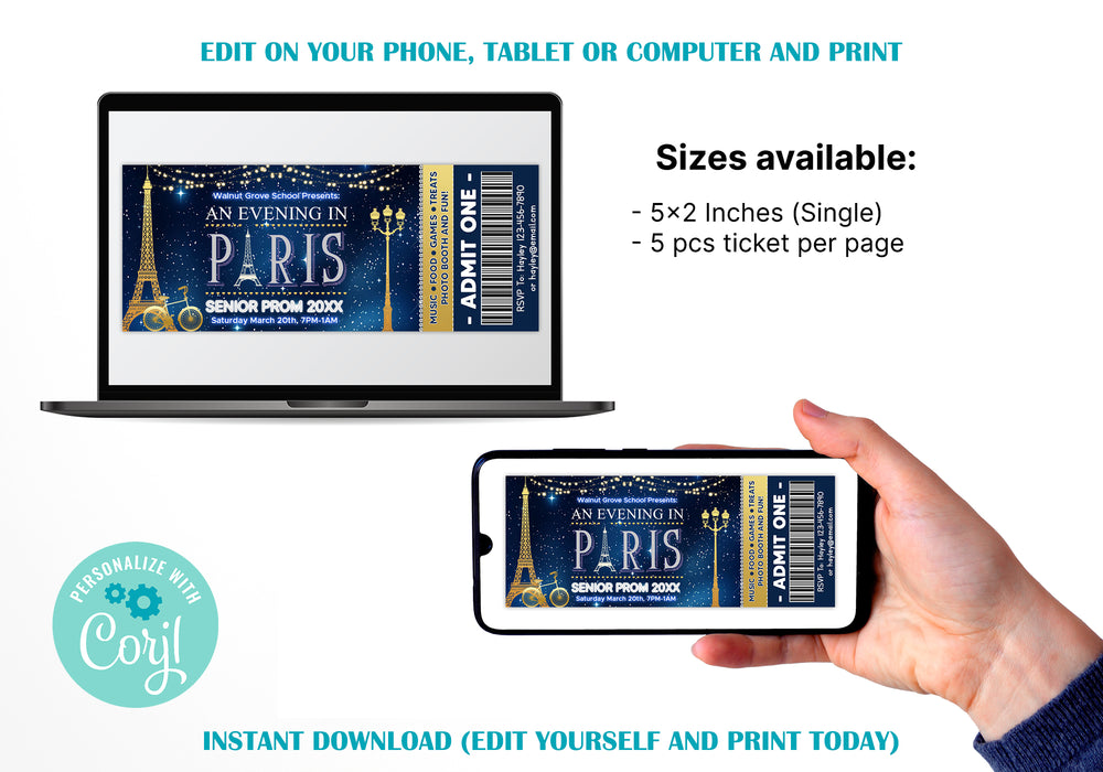 Customizable A Night in Paris Prom Ticket Template | An Evening in Paris School Dance Event