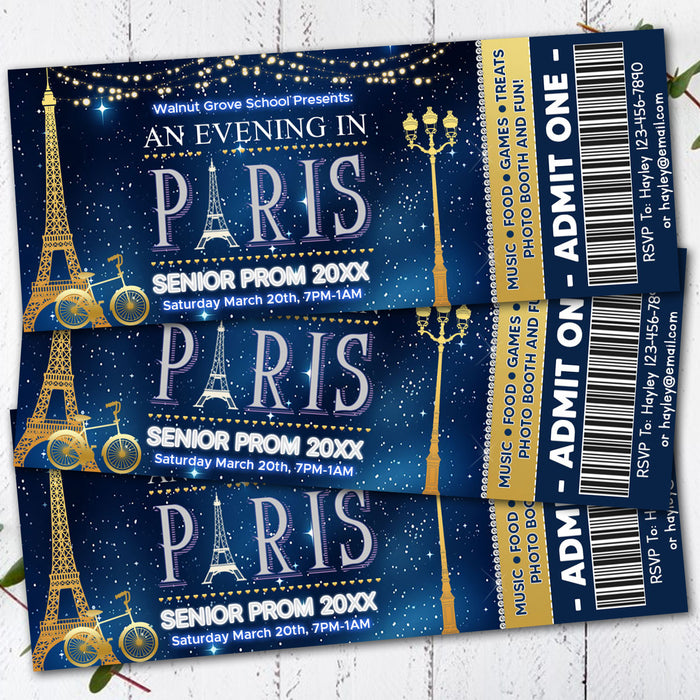 Customizable A Night in Paris Prom Ticket Template | An Evening in Paris School Dance Event