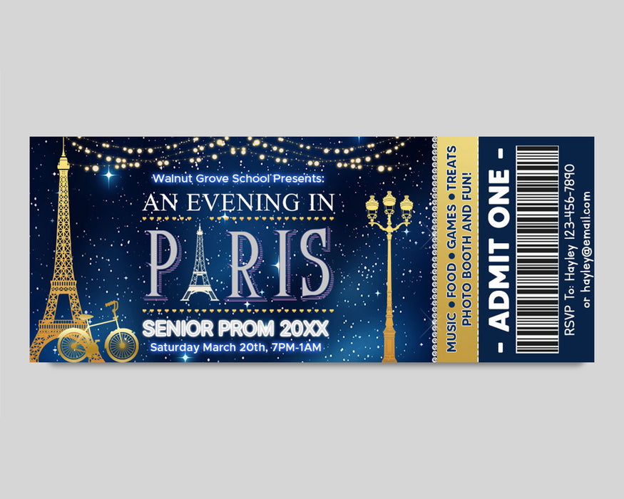 Customizable A Night in Paris Prom Ticket Template | An Evening in Paris School Dance Event