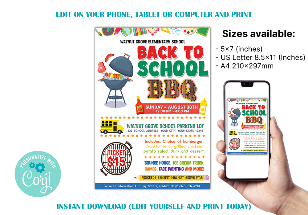 DIY Back To School BBQ Flyer | School Cookout BBQ Party Flyer Invite Template